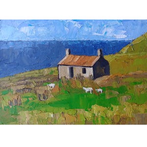 Ireland Oil Painting Original, Seascape, Irish Cottage, Small Wall Art 7x5&quot;