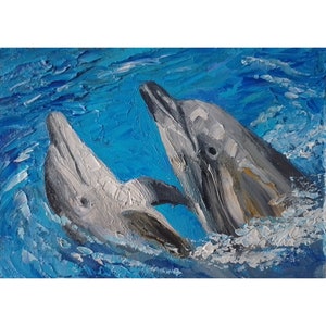 Dolphins Painting Original Pair of Dolphins Oil Panel, Wall Art 5 by 7&quot;