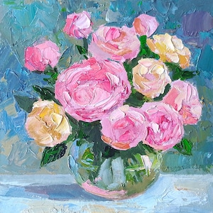 Roses Painting Oil Original, Flower Reds Roses Bouquet Still Life, Small Wall Art 6 by 6&quot;