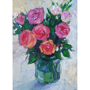 Pintura al óleo original de rosas, pintura al óleo de flores en cartón, arte mural pequeño de 18 x 13 cm