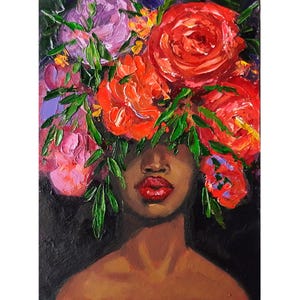 African American Woman Painting Oil Original Black Woman with Flowers in Hair Portrait Girl Wall Art, Painting to Order