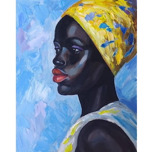 African American Woman Painting Oil Original, Black Woman, Portrait Girl in Turban, Wall Art 10x8&quot;