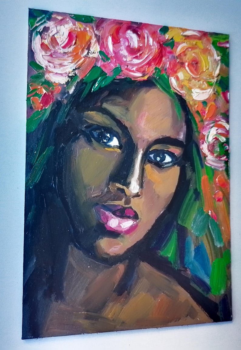 African American Woman Painting Oil Original Black Woman With Flowers
