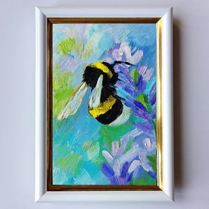 Bumblebee Oil Painting Original, Bumblebee Painting Insect, Painting in a Frame Gift, Small Artwork 6 by 4&quot;