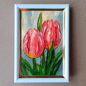 Pintura original de tulipanes, óleo sobre cartón, regalo de pintura floral enmarcada, obra de arte pequeña de 15 x 10 cm