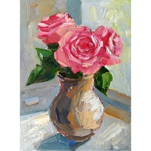 Roses Painting Oil Original, Flower Roses Bouquet Still Life, Small Wall Art 8 by 6&quot;