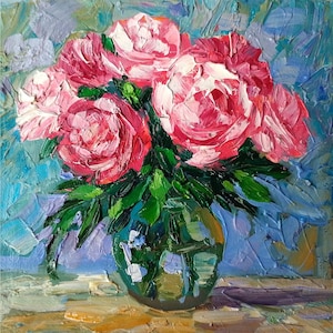 Peonies Painting Original Oil, Flower Painting, Still Life, Small Artwork 6 by 6&quot;