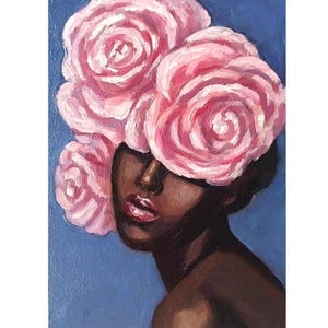 African American Woman Abstract Portrait Painting Oil Original Black Woman with Flowers Wall Art 7x5&quot;