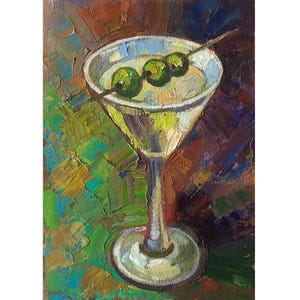 Martini and Olives Painting Original Oil, Still Life with Martini Glass, Small Wall Art 7x5&quot;