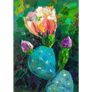 Cactus en fleurs peinture à l&#39;huile originale, oeuvre de cactus, peinture de fleurs, petite oeuvre d&#39;art murale 7 par 5&quot;