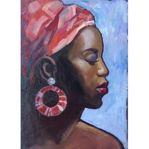 African American Woman Painting Oil Original, Black Woman Portrait, Girl in Turban, Wall Art 7x5&quot;