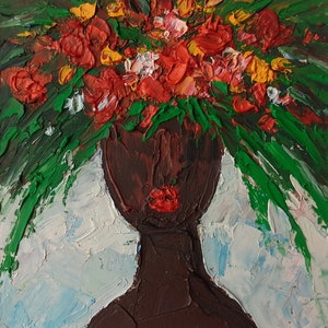 Pintura de mulher negra, retrato original sem rosto, mulher afro-americana, flores, óleo, papelão, pequena arte de parede, 4x4"