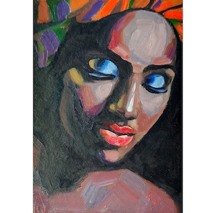African American Woman Painting Oil Original Black Woman, Portrait Girl in Turban, Wall Art 7x5&quot;