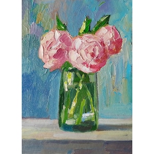 Peonies Painting Original Flower Painting Oil Peonies Still Life, Small Wall Art 7 by 5&quot;