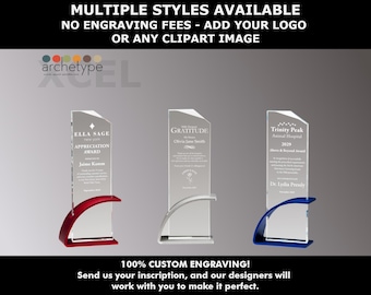 XCEL/MATTE | Glass Award | Corporate Gift | Multiple Sizes | Custom Engraved Plaque | Recognition | Silver | Clear | No Engraving Fee