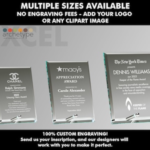 XCEL/FRAME | Glass Award | Corporate Gift | Multiple Sizes | Custom Engraved Plaque | Recognition | Silver | Clear | No Engraving Fee