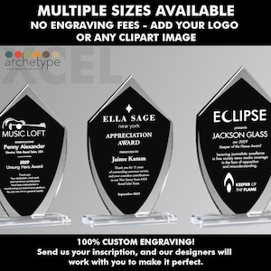 XCEL/SHIELD | Glass Award | Corporate Gift | Multiple Sizes | Custom Engraved Plaque | Recognition | Silver | Black | No Engraving Fee