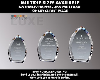 LUXE/JEWEL | Crystal Award | Corporate Gift | Multiple Sizes | Custom Engraved Plaque | Recognition | Silver | Clear | No Engraving Fee