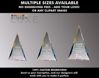 LUXE/PYRAMID | Crystal Award | Corporate Gift | Multiple Sizes | Custom Engraved Plaque | Recognition | Silver | Clear | No Engraving Fee