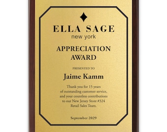 Custom Appreciation Award -Wood Plaque with Gold Metal Plate | Corporate Gift | Retirement