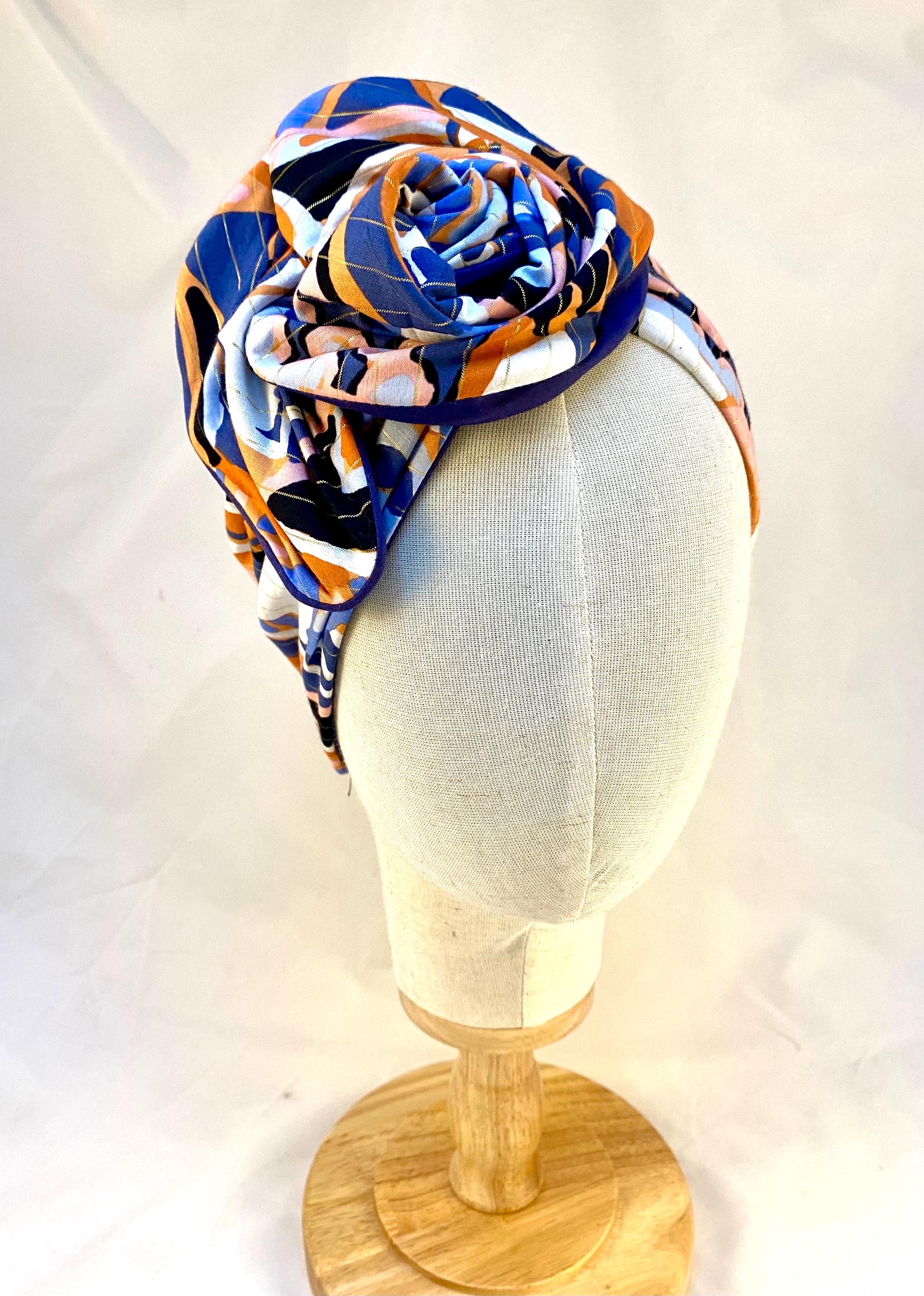 Large JP turban, midnight blue and rust tones