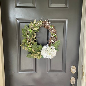 White hydrangea and twig wreath