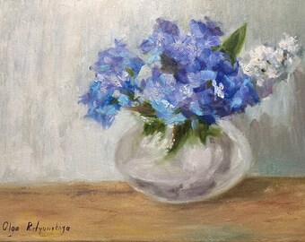 Bouquet of Blue Buttercups, Still Life, Original oil Painting, Handmade artwork, 9x12, Canvas, Wall Decor