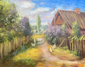House in the Village, Original oil Painting, Handmade artwork, 16x20, Canvas, Wall Decor