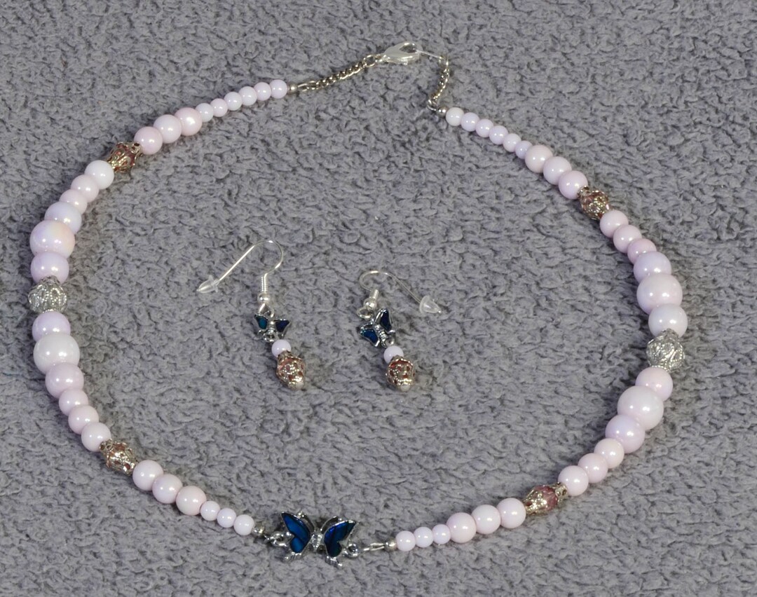 Purple Glass Beads With Blue Butterflies and Pink Accents Jewelry Set