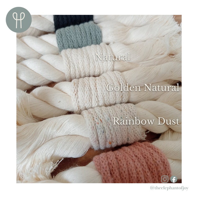 A close up image of pieces of cream cotton rope, each wrapped with a different colour cotton cord. Text is overlaying the image against each piece of rope, listing the accent colours available to choose from.