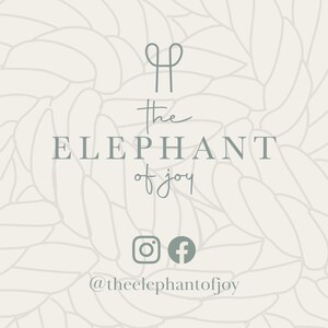 The elephant of joy logo on a textured background of looped rope with instagram and facebook logos and the elephant of joy handle at each social media site: @theelephantofjoy