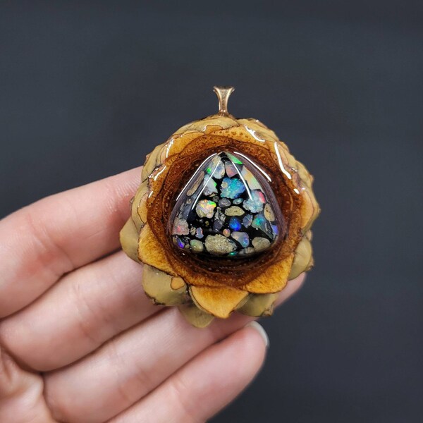 Mixed Raw Fire Opal Pinecone Pendant Necklace