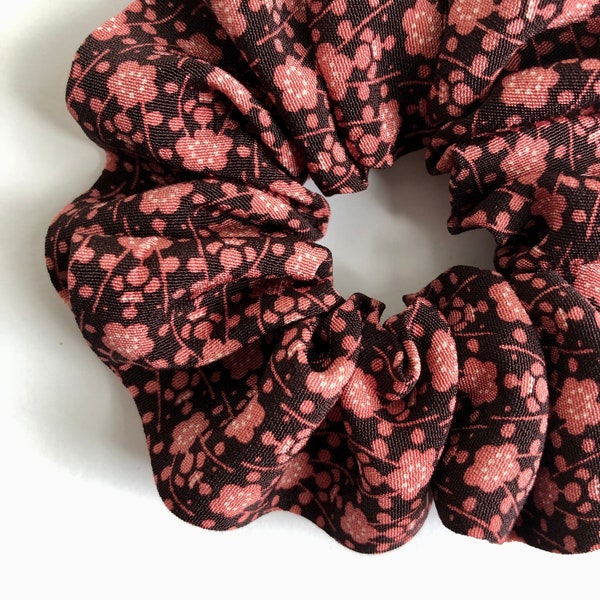 Kimono Silk Scrunchies Medium 4" or Oversized 7" Vintage Japanese Silk Handmade in USA Gift for Women Pink Ume Plum Blossoms on Black Silk
