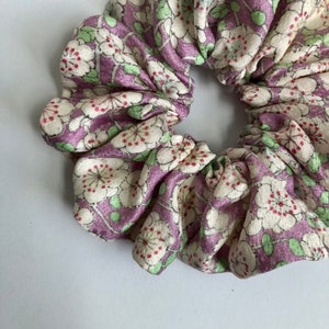 Kimono Scrunchie Medium or Skinny Vintage Japanese Silk Gift for Woman Gift for Her White Ume Plum Blossoms on Light Purple Lilac Silk