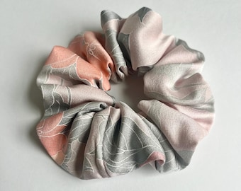 Kimono Silk Scrunchie: Hair Tie, Vintage Fabric, Florals on Pink Gray Silk