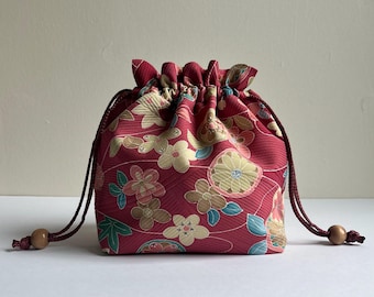 Kimono Kinchaku Bag, Vintage Japanese Fabric, Drawstring Purse, Flowers on Dark Pink Silk