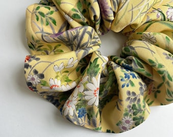 Kimono Silk Scrunchie: Hair Tie, Vintage Fabric, Spring Flowers on Yellow Silk
