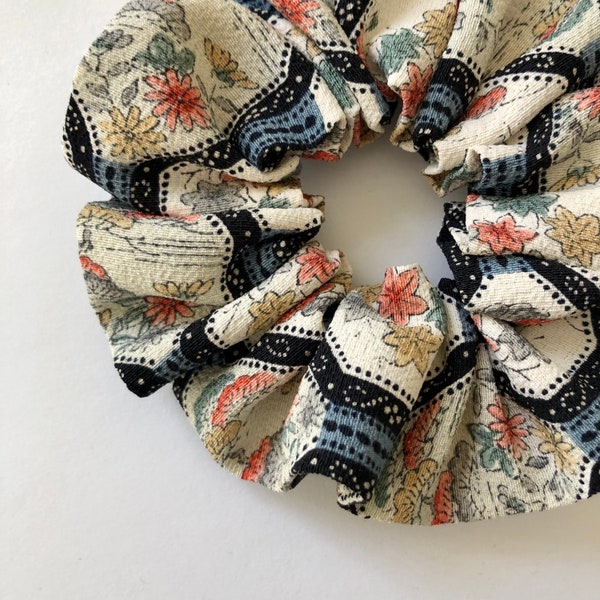 Kimono Scrunchie Vintage Japanese Silk Hair Tie Handmade Gift For Women Flowers in Octagon on White Silk