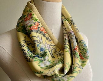 Kimono Silk Infinity Scarf: Twisted Snood, Spring Flowers on Yellow + Mustard Yellow Cloud Pattern Silk