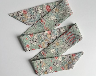 Kimono Silk Scarf: Floral Skinny Scarf, Hair Tie, Purse Accessory, Florals and Houses on Pale Green Chirimen Silk