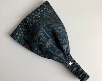 Kimono Silk Wide Headband Japanese Vintage Silk Unisex Size S-XXL or Tie Back Florals and Traditional Japanese Patterns on Indigo Blue Silk