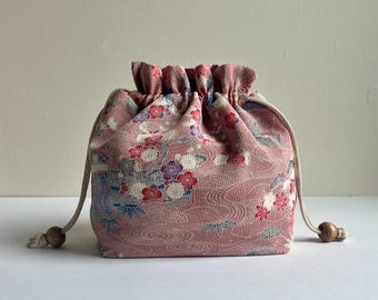 Kimono Kinchaku Bag, Vintage Japanese Fabric, Drawstring Purse, Houses and Flowers on Rosy Pink Chirimen Silk