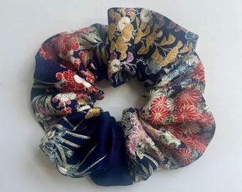 Kimono Silk Scrunchie: Hair Tie, Vintage Fabric, Florals on Navy Silk