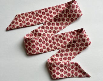 Kimono Scarf Silk Skinny Scarf Hair Tie Headband Purse Scarf Gift for Women Small Pink Flowers on White Silk
