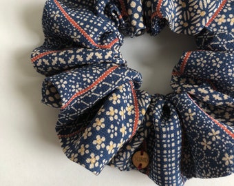 Kimono Scrunchie Choose Skinny, Small, Medium or Oversized Vintage Japanese Silk Gift for Women Small Prints on Navy Blue Silk Coral Accents