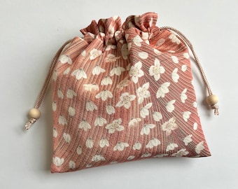 Kimono Pouch *NEW SIZE* Small Essentials Drawstring Bag Cell Phone Makeup Game Pieces Dice Bag Vintage Silk, White Blossoms on Coral Silk
