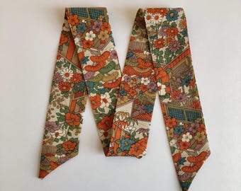 Kimono Scarf Silk Skinny Scarf Hair Tie Headband Purse Scarf Gift for Women 60&#39;s Retro Colors Florals on Off White Silk