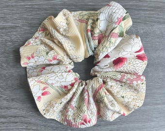 Kimono Silk Scrunchie: Hair Tie, Vintage Fabric, White Florals on Pale Yellow Silk, Peony, Plum Blossoms, Chrysanthemum