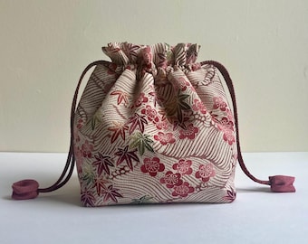 Kimono Kinchaku Bag, Vintage Japanese Fabric, Drawstring Purse, Pink Plum Blossoms and Maple Leaves, Flowing Water Print Chirimen Silk