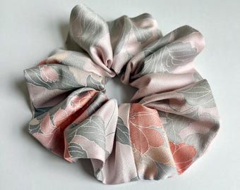 Kimono Silk Scrunchie: Hair Tie, Vintage Fabric, Florals on Pink Gray Silk